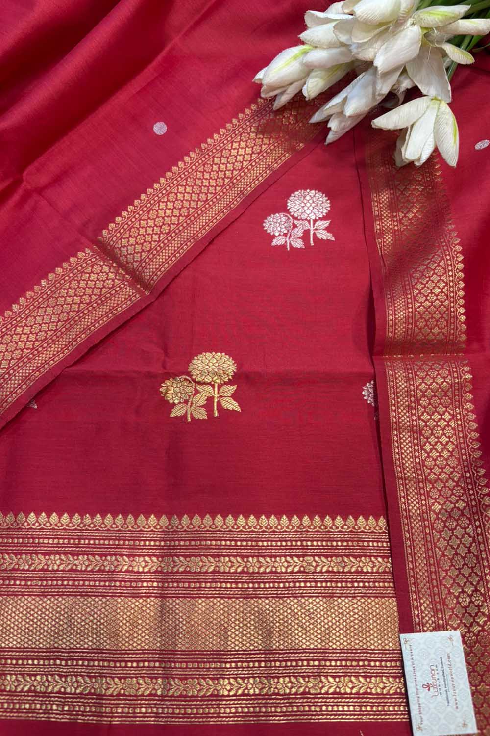 Red Banarasi Pure Muslin Cotton Kadwa Sona Roopa Three Piece Suit Set - Luxurion World