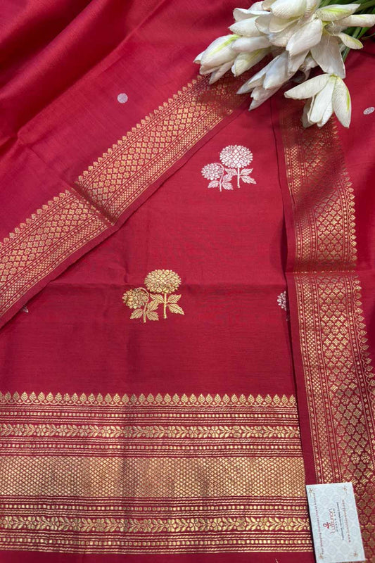 Red Banarasi Pure Muslin Cotton Kadwa Sona Roopa Three Piece Suit Set - Luxurion World