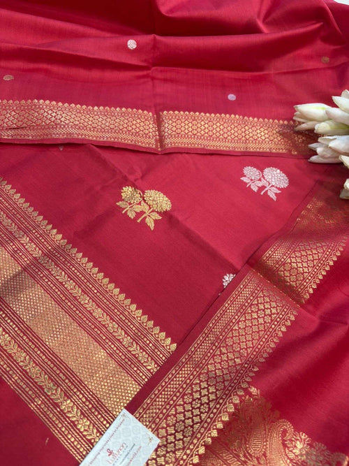 Red Banarasi Pure Muslin Cotton Kadwa Sona Roopa Three Piece Suit Set - Luxurion World