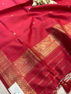 Red Banarasi Pure Muslin Cotton Kadwa Sona Roopa Three Piece Suit Set - Luxurion World