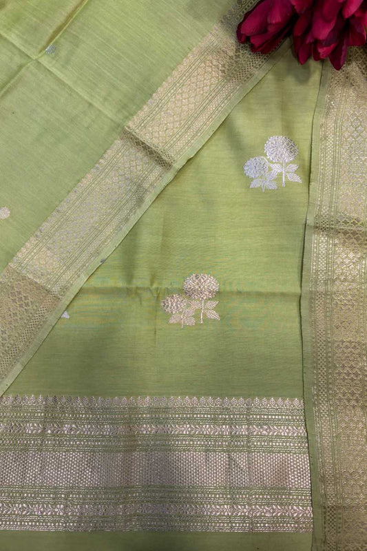 Elegant Green Banarasi Pure Muslin Cotton Kadwa Sona Roopa Three Piece Suit Set - Luxurion World