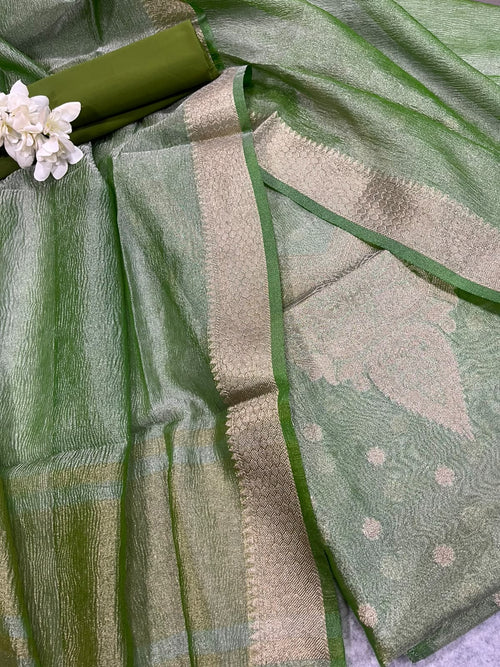 Green Banarasi Tissue Silk Three Piece Unstitched Suit Set