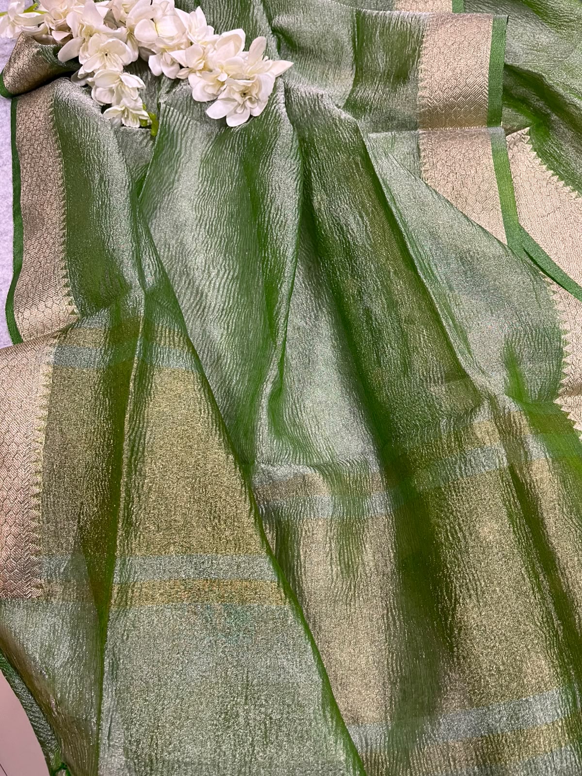 Green Banarasi Tissue Silk Three Piece Unstitched Suit Set