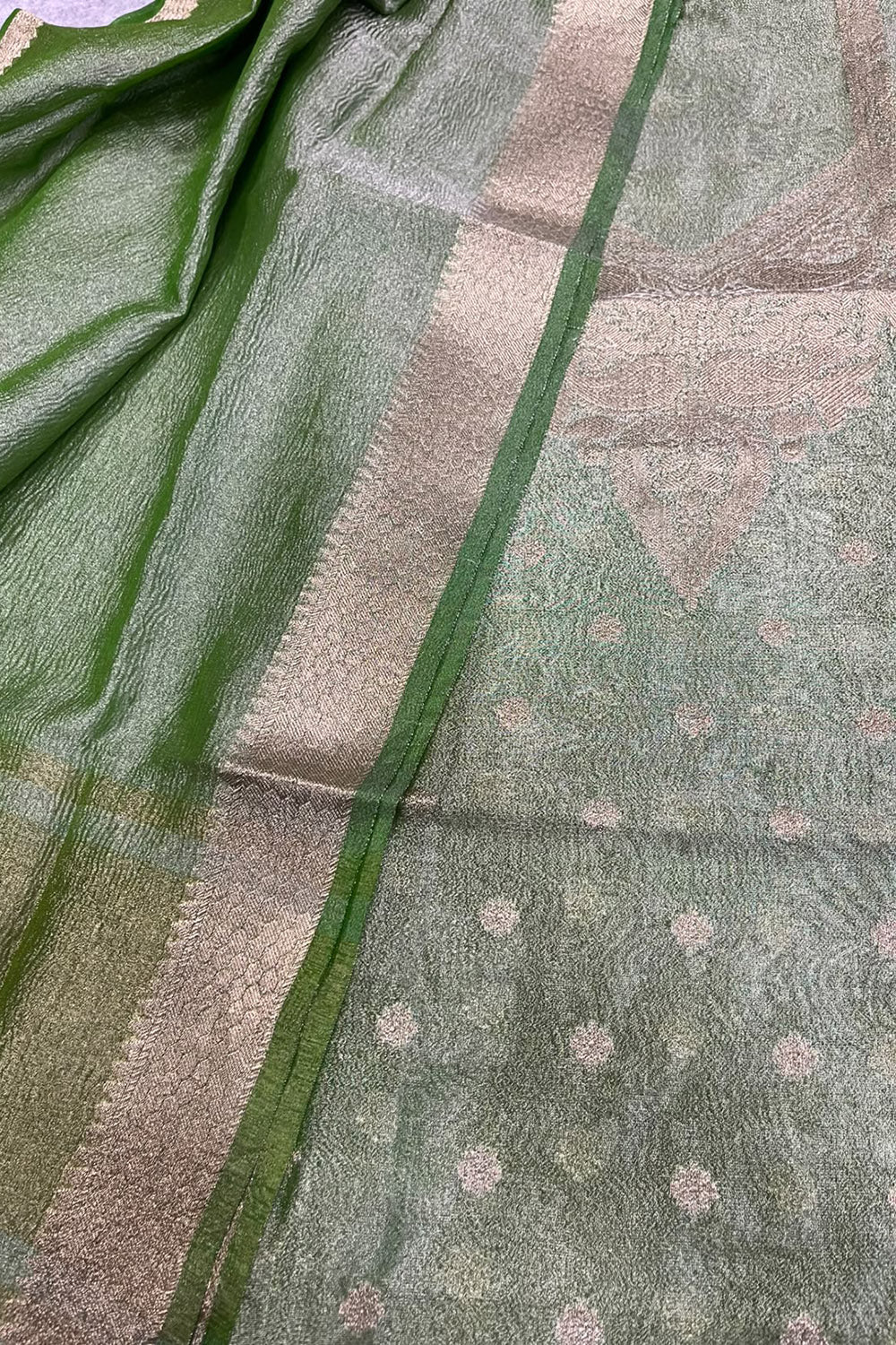 Green Banarasi Tissue Silk Three Piece Unstitched Suit Set
