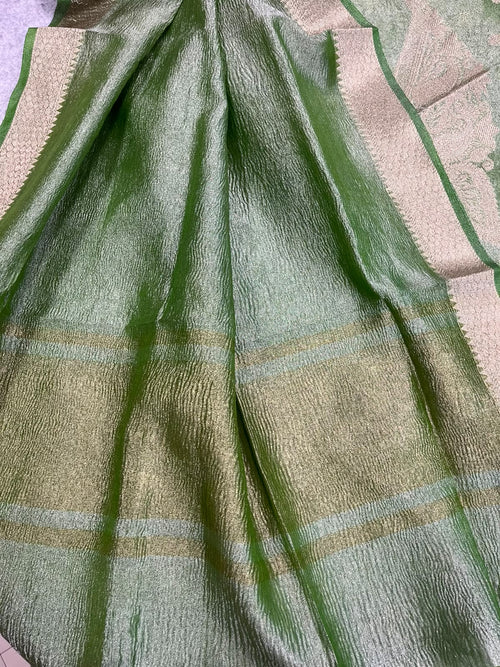 Green Banarasi Tissue Silk Three Piece Unstitched Suit Set