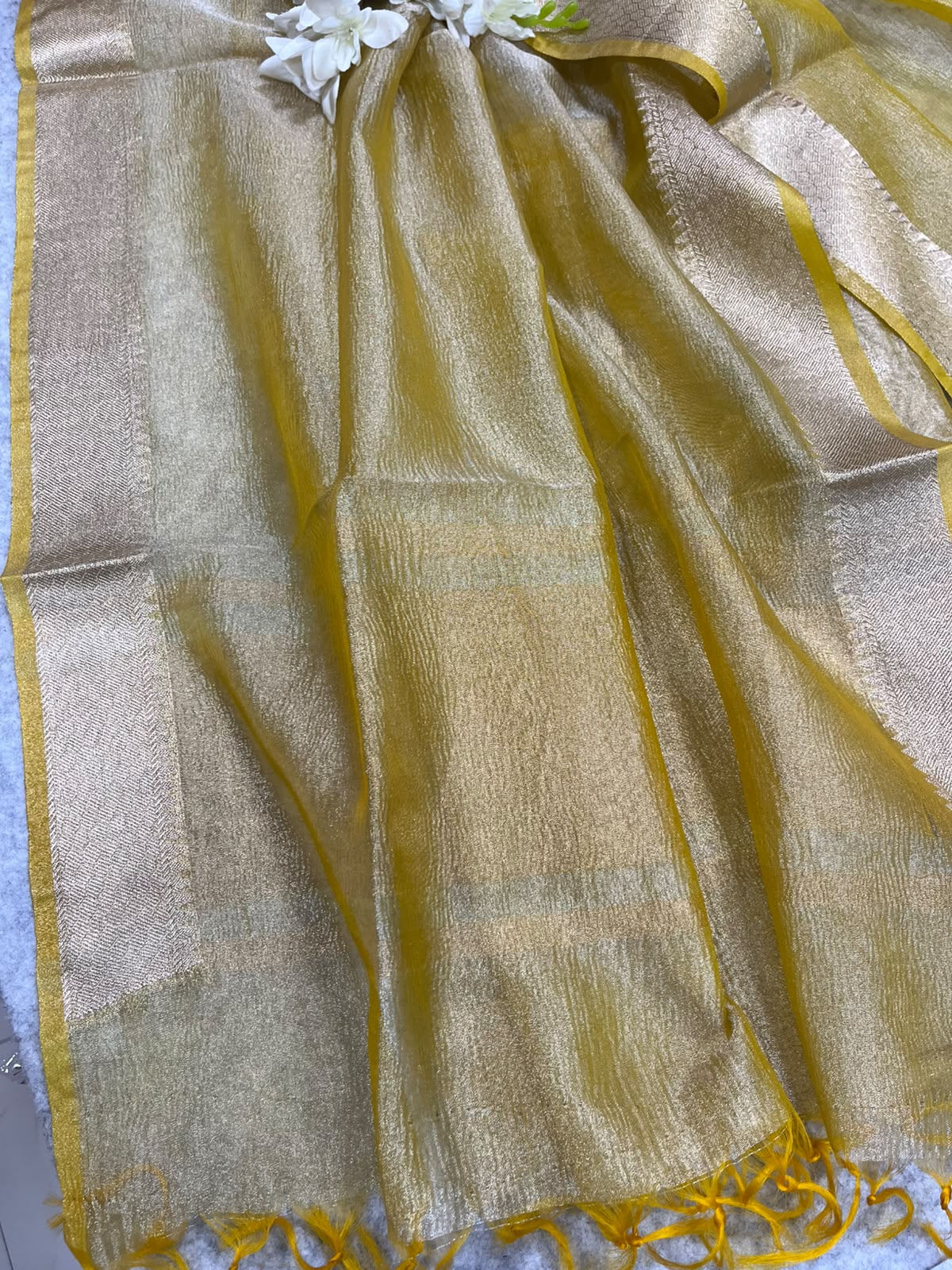 Yellow Banarasi Tissue Silk Three Piece Unstitched Suit Set