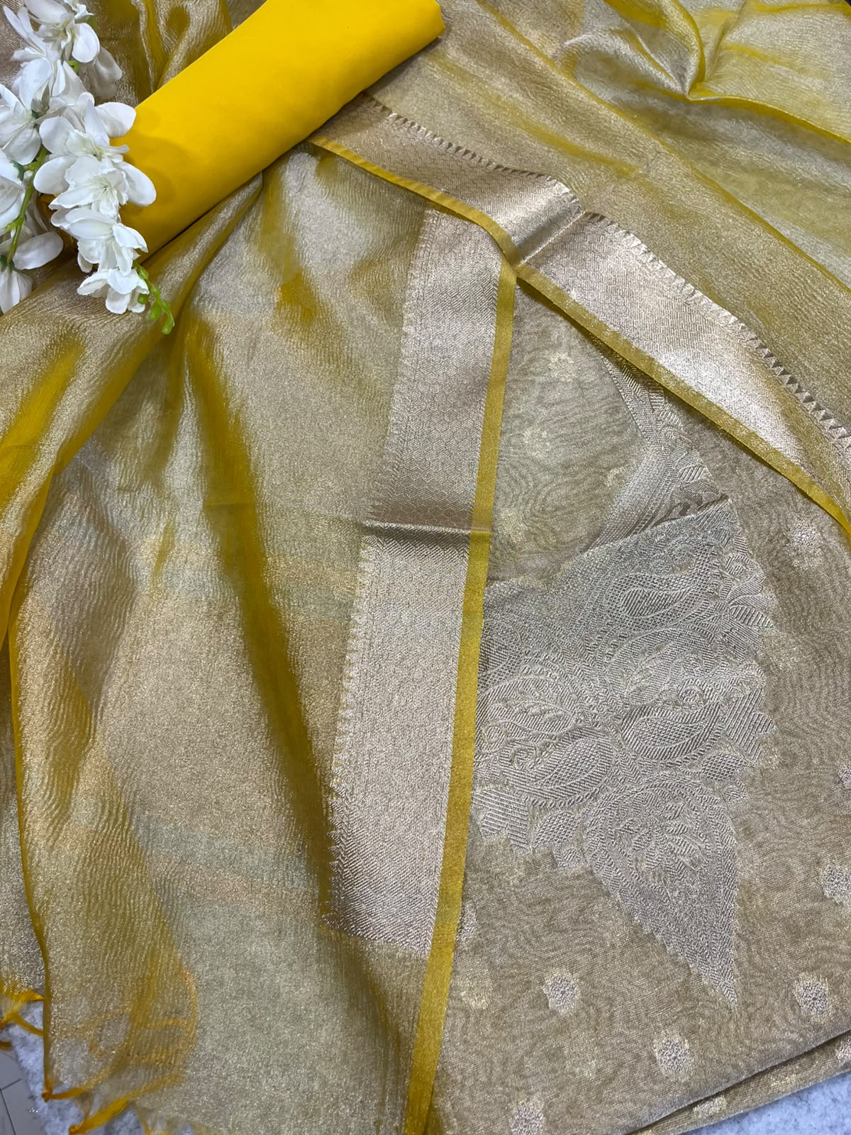 Yellow Banarasi Tissue Silk Three Piece Unstitched Suit Set