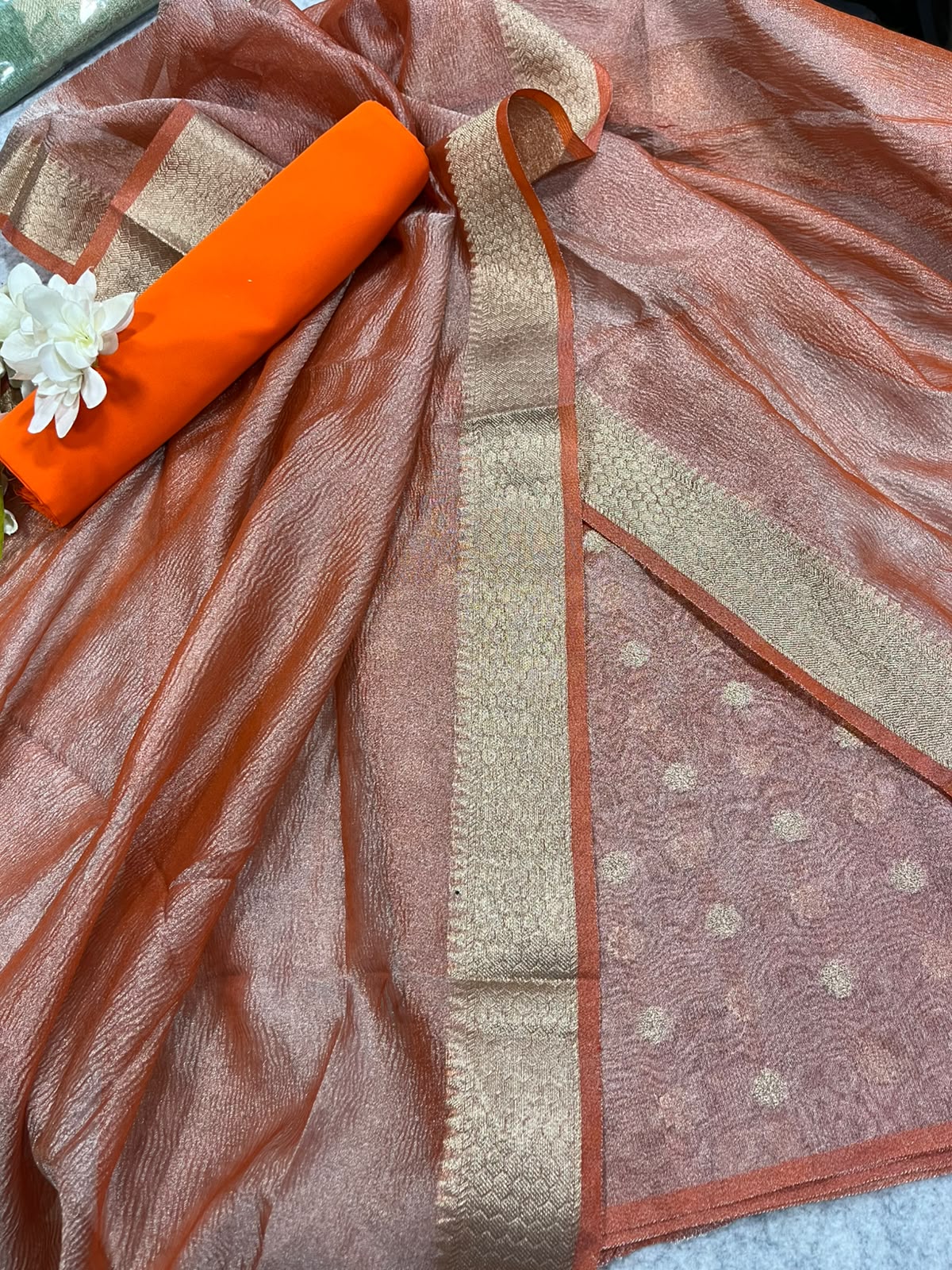 Orange Banarasi Tissue Silk Three Piece Unstitched Suit Set