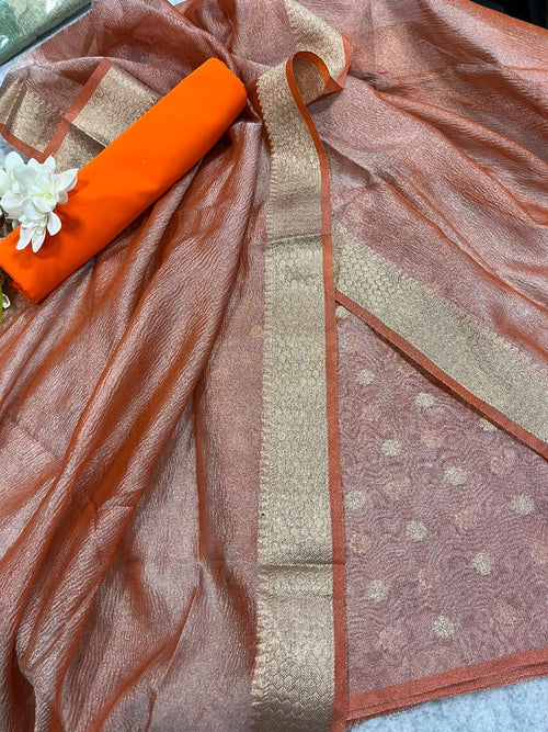 Orange Banarasi Tissue Silk Three Piece Unstitched Suit Set