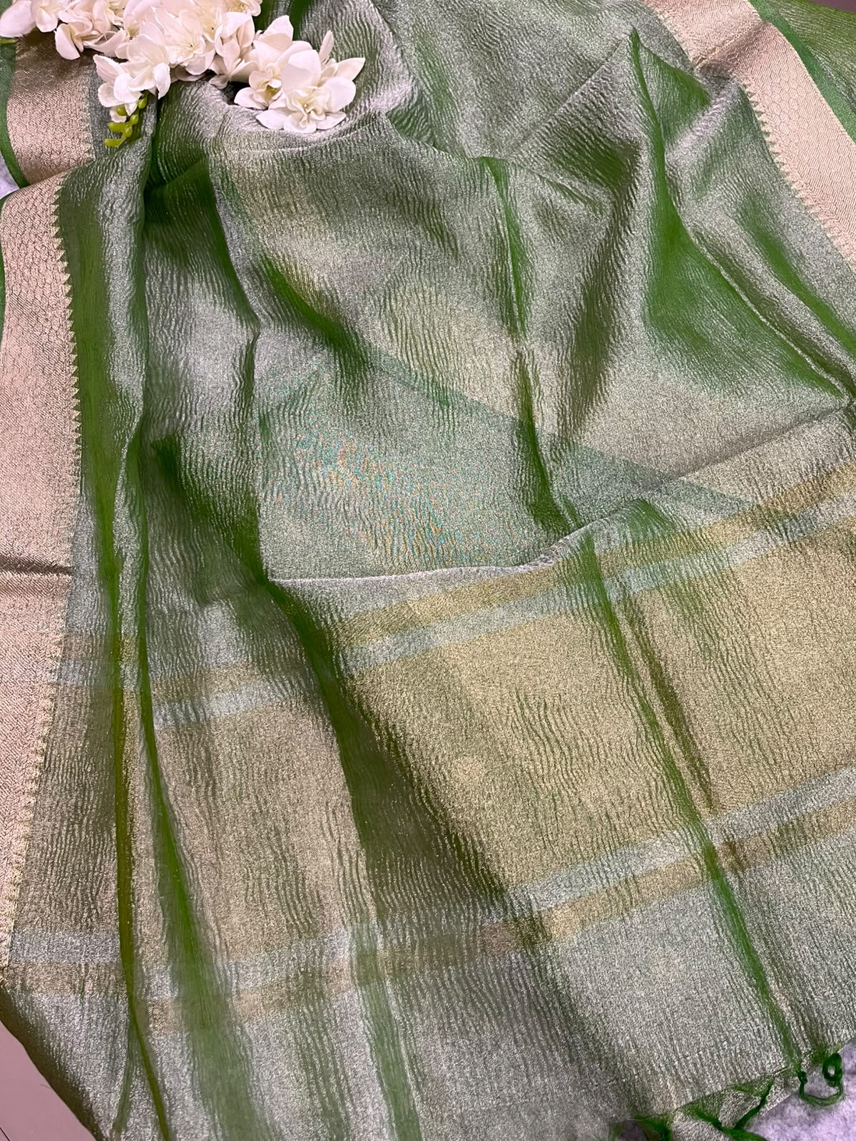Green Banarasi Tissue Silk Three Piece Unstitched Suit Set