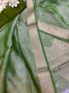 Green Banarasi Tissue Silk Three Piece Unstitched Suit Set