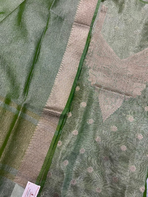 Green Banarasi Tissue Silk Three Piece Unstitched Suit Set