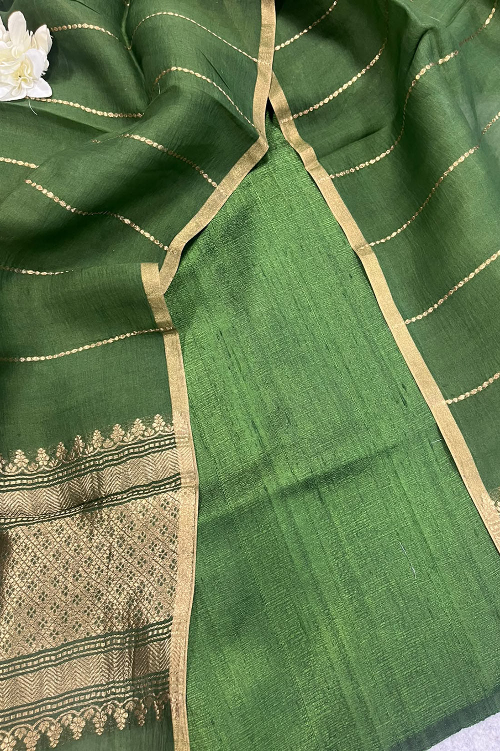 Green Banarasi Raw Silk Three Piece Unstitched Suit Set