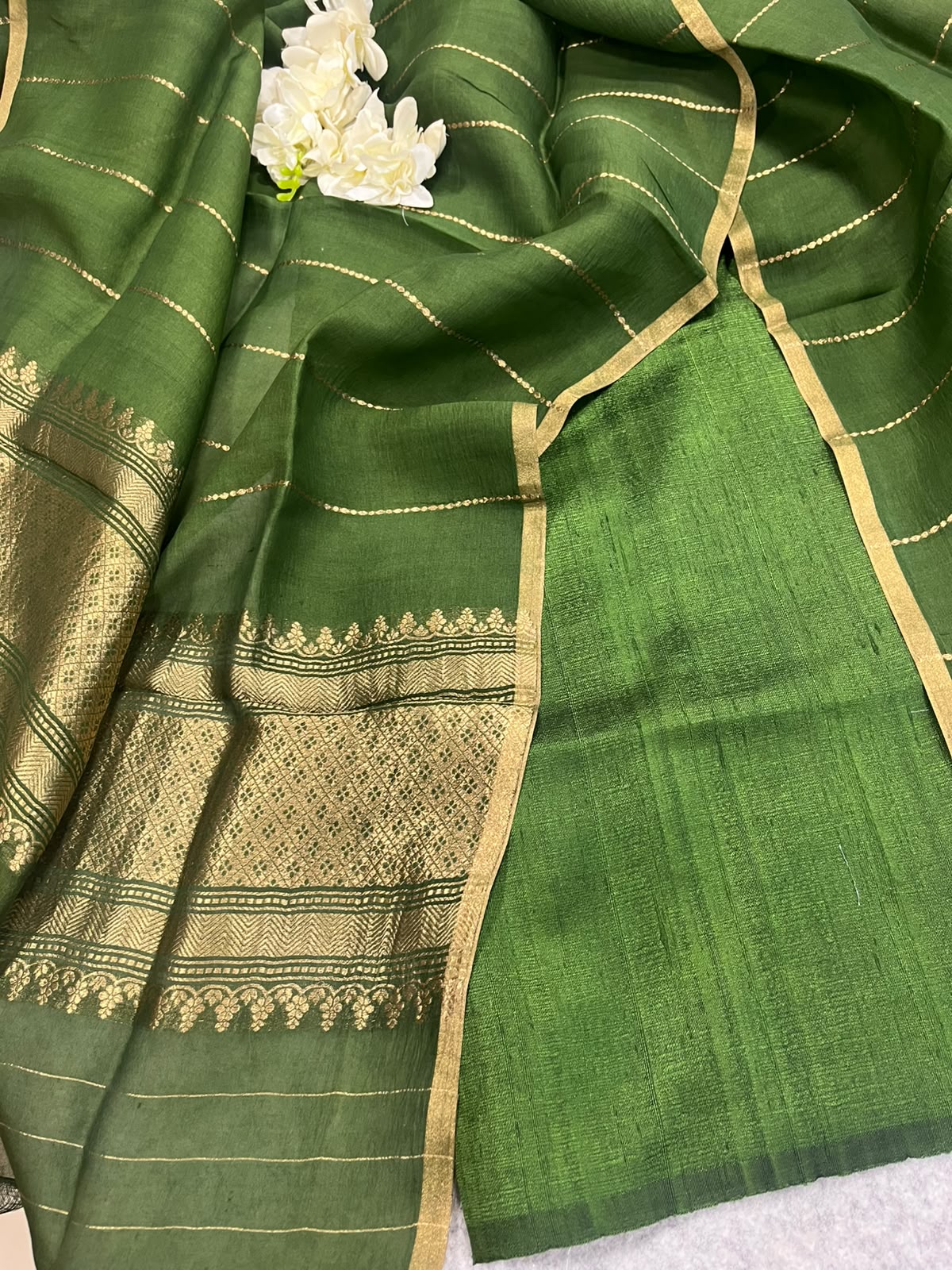 Green Banarasi Raw Silk Three Piece Unstitched Suit Set