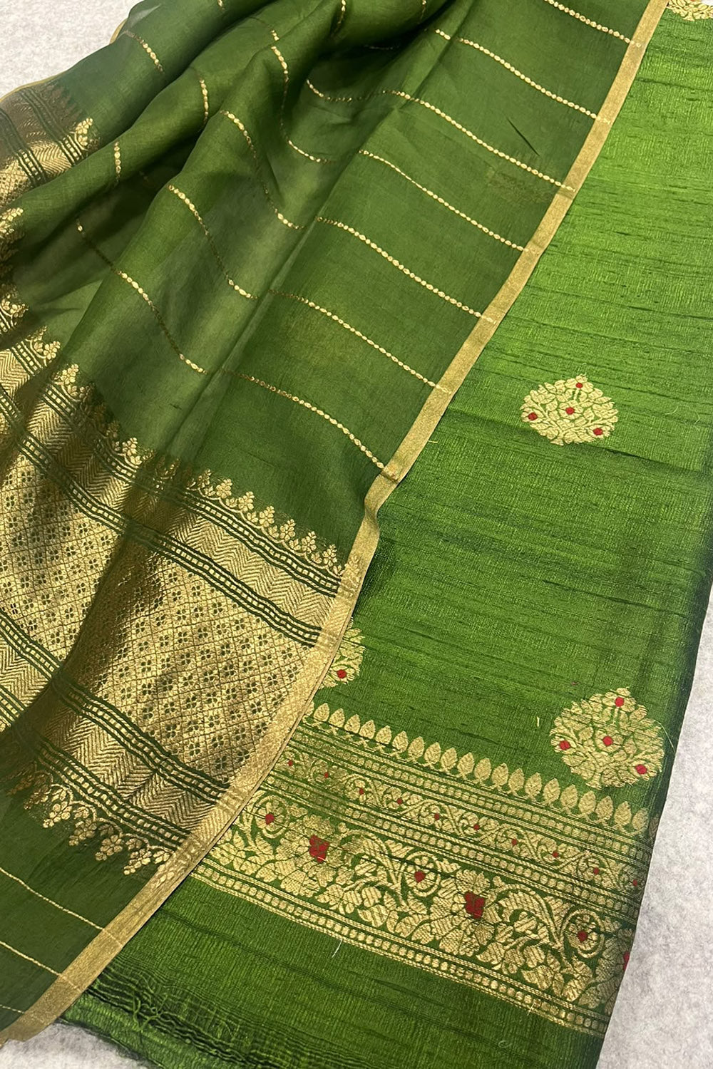 Green Banarasi Raw Silk Three Piece Unstitched Suit Set