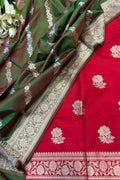 Red Pure Katan Silk Banarasi Handloom Three Piece Unstitched Suit Set - Luxurion World