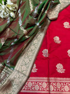 Red Pure Katan Silk Banarasi Handloom Three Piece Unstitched Suit Set