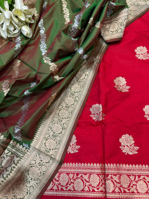 Red Pure Katan Silk Banarasi Handloom Three Piece Unstitched Suit Set