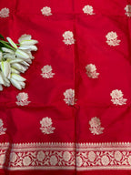Red Pure Katan Silk Banarasi Handloom Three Piece Unstitched Suit Set