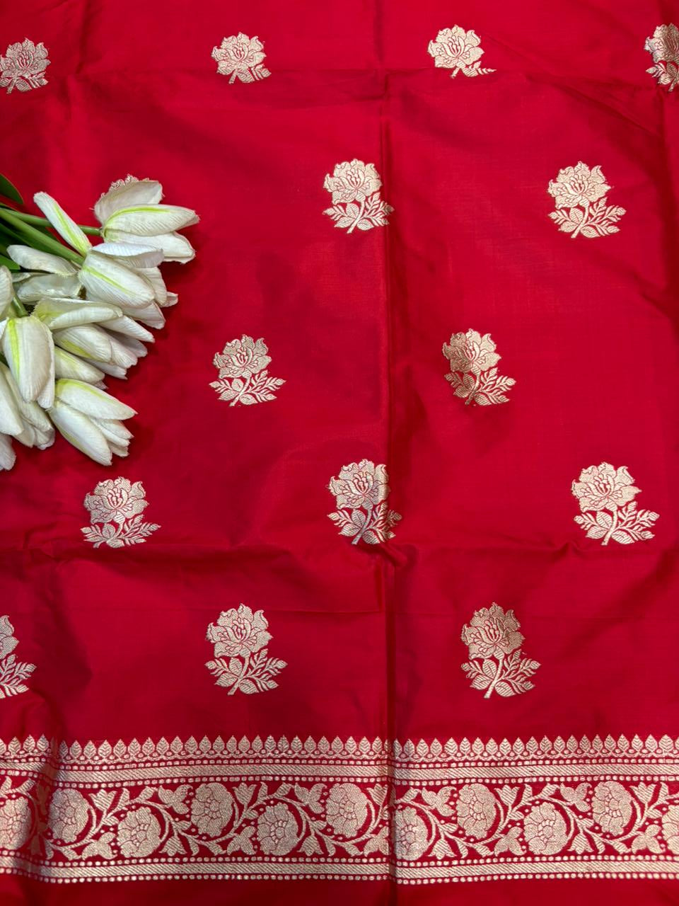 Red Pure Katan Silk Banarasi Handloom Three Piece Unstitched Suit Set