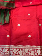 Red Pure Katan Silk Banarasi Handloom Three Piece Unstitched Suit Set