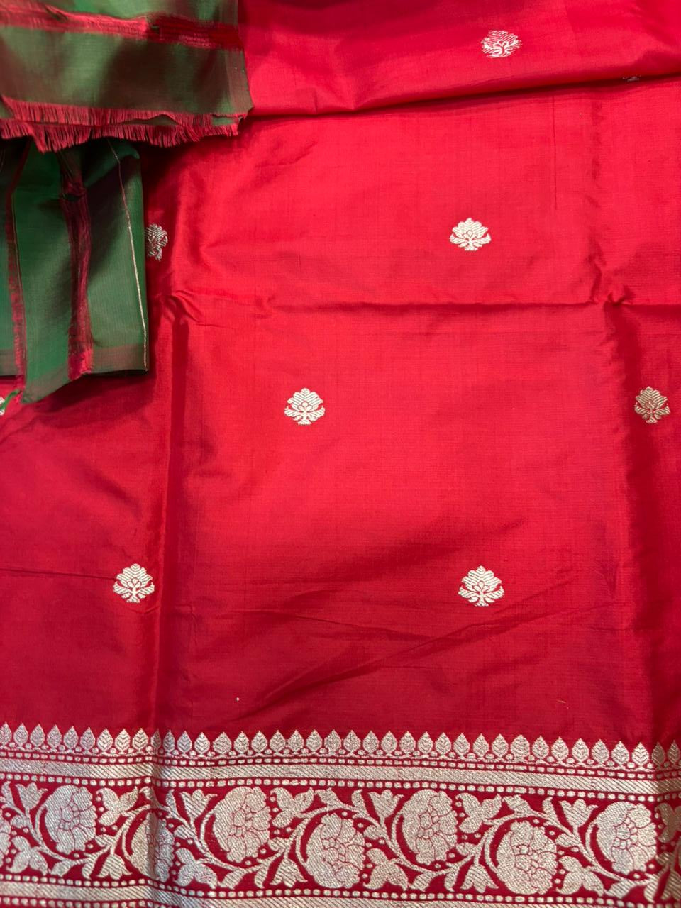 Red Pure Katan Silk Banarasi Handloom Three Piece Unstitched Suit Set