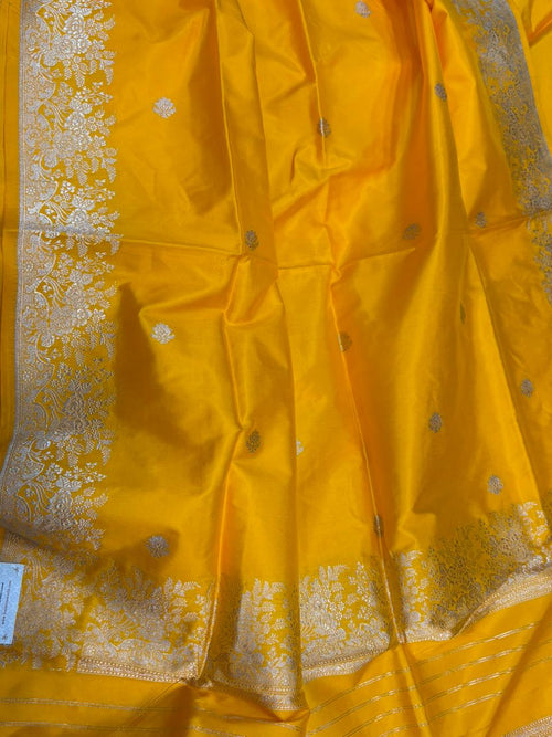 Yellow Pure Katan Silk Banarasi Handloom Three Piece Unstitched Suit Set