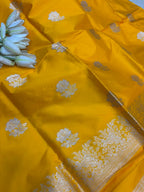 Yellow Pure Katan Silk Banarasi Handloom Three Piece Unstitched Suit Set