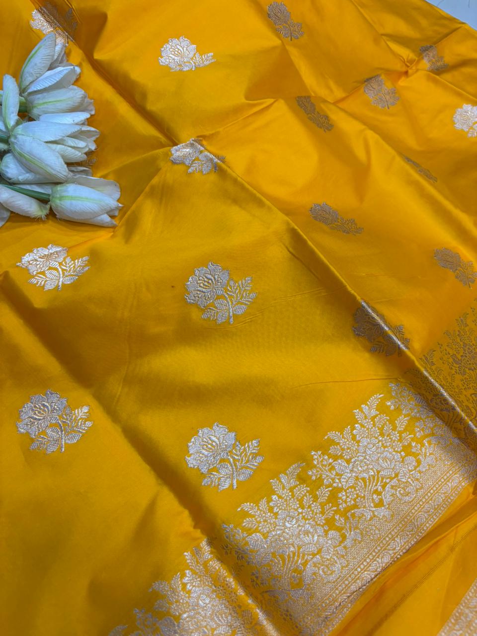 Yellow Pure Katan Silk Banarasi Handloom Three Piece Unstitched Suit Set