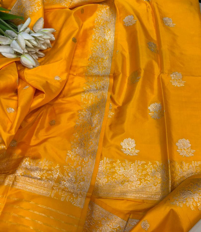 Yellow Pure Katan Silk Banarasi Handloom Three Piece Unstitched Suit Set