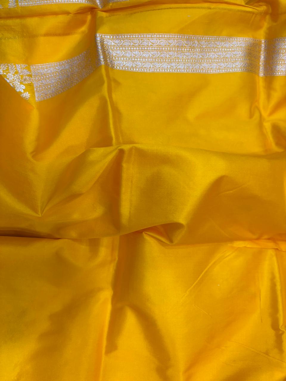Yellow Pure Katan Silk Banarasi Handloom Three Piece Unstitched Suit Set