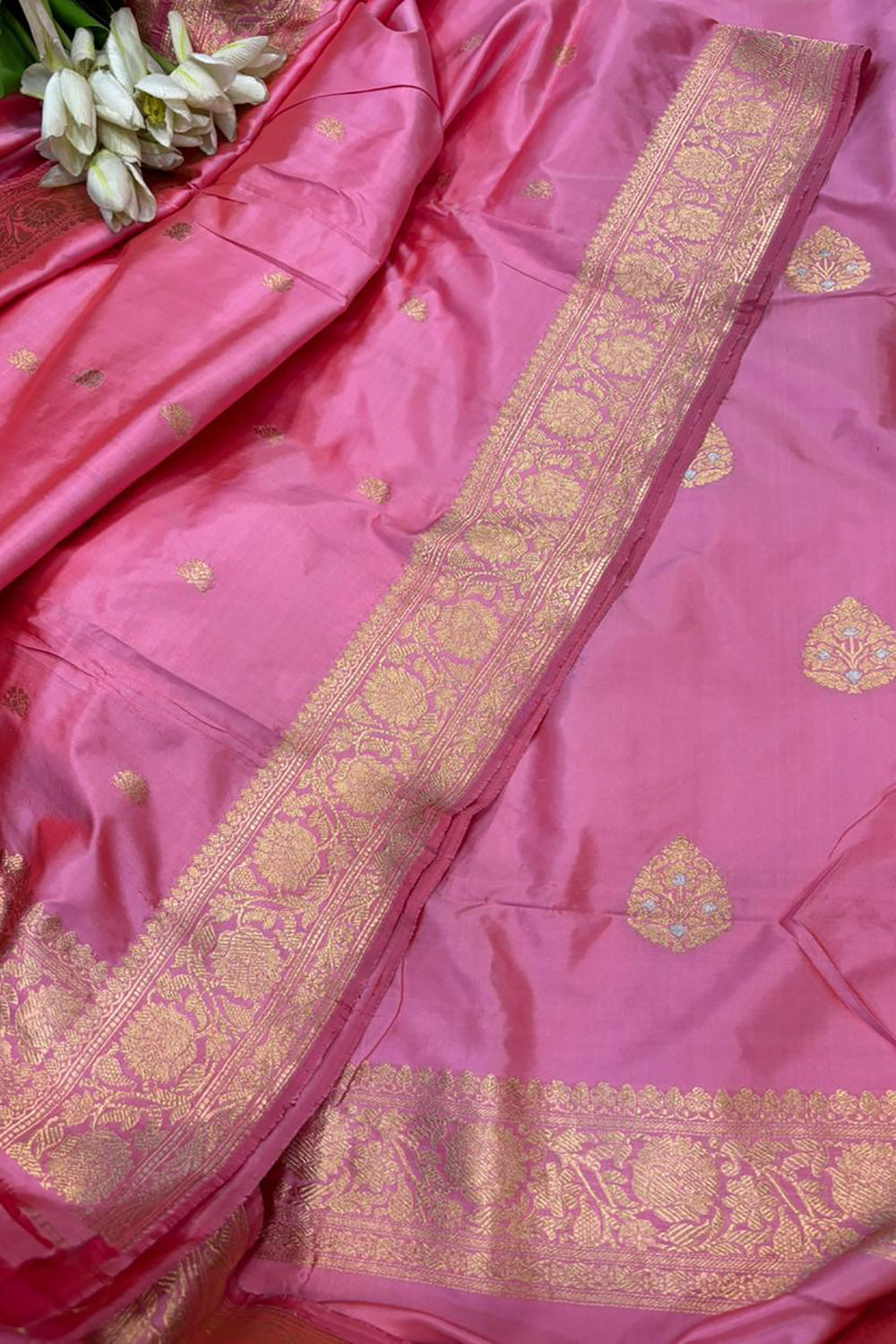 Pink Pure Katan Silk Banarasi Handloom Three Piece Unstitched Suit Set - Luxurion World