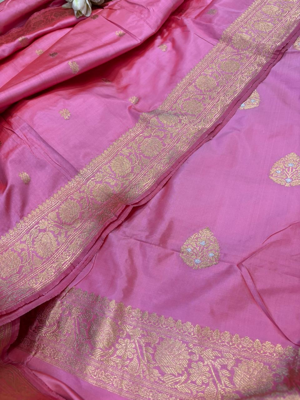 Pink Pure Katan Silk Banarasi Handloom Three Piece Unstitched Suit Set