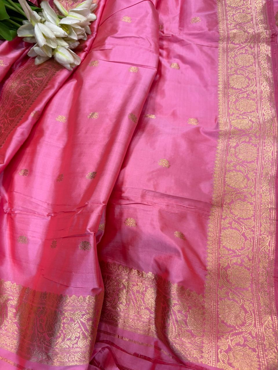 Pink Pure Katan Silk Banarasi Handloom Three Piece Unstitched Suit Set