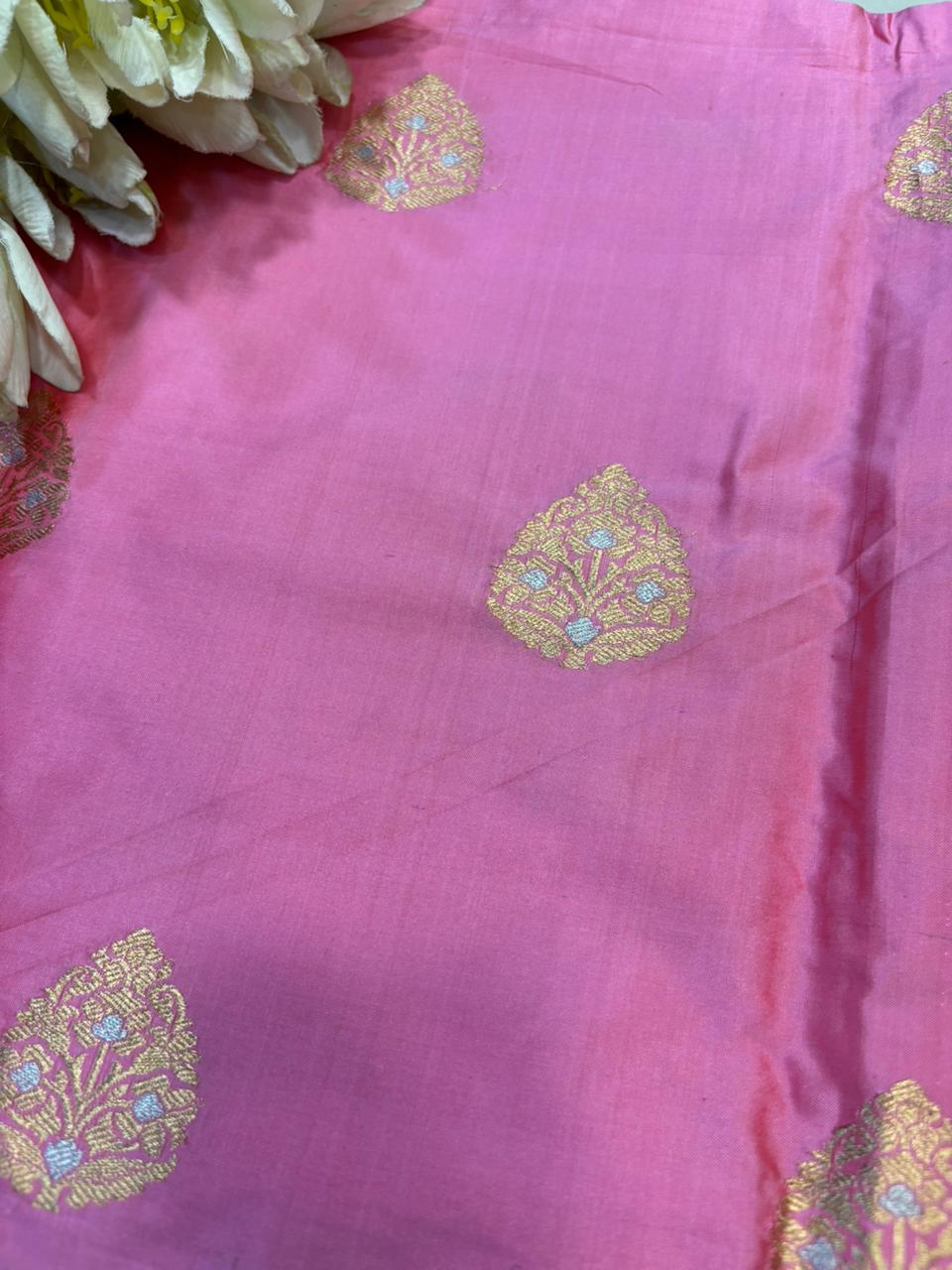 Pink Pure Katan Silk Banarasi Handloom Three Piece Unstitched Suit Set