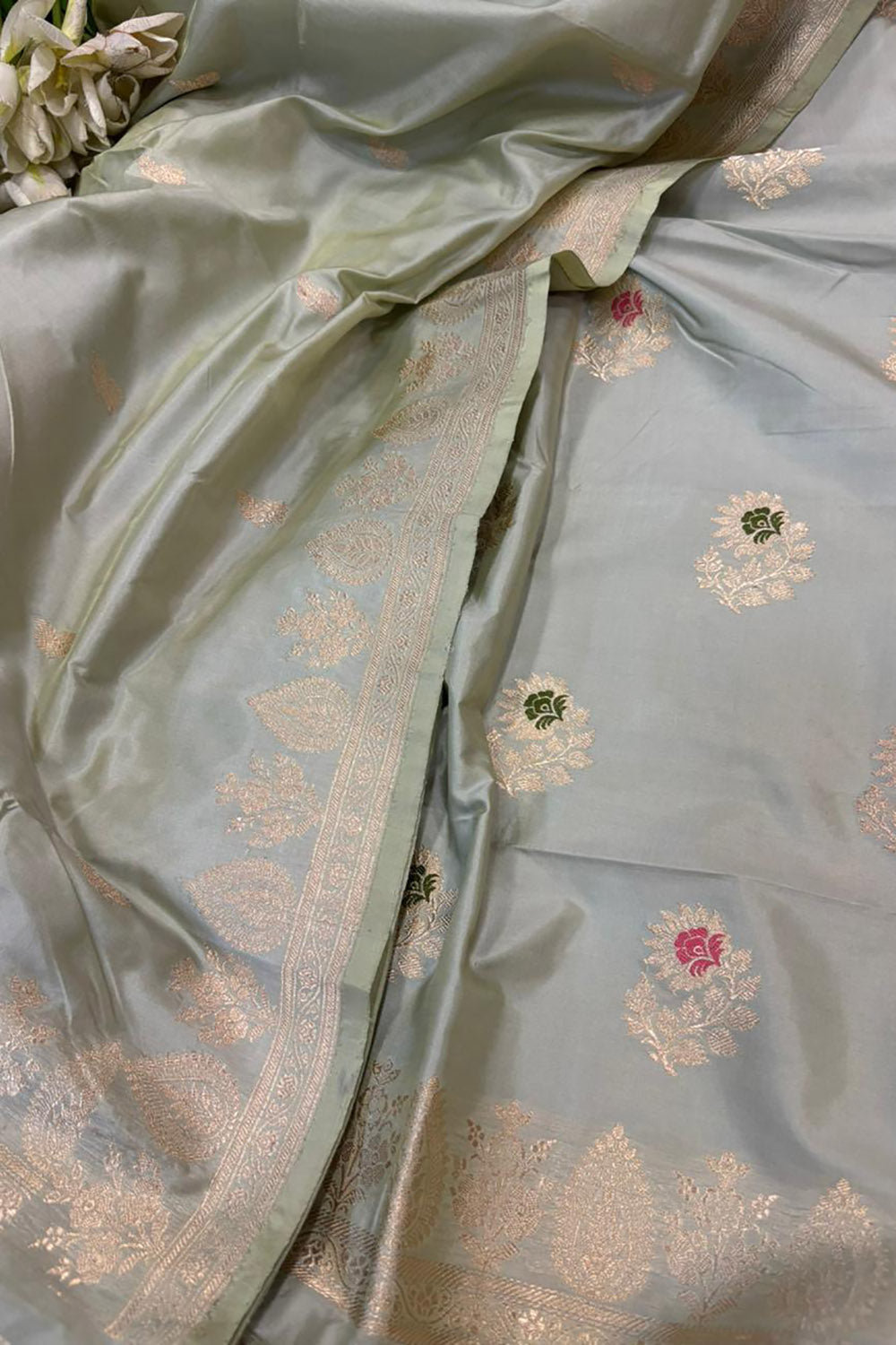 Grey Pure Katan Silk Banarasi Handloom Three Piece Unstitched Suit Set - Luxurion World