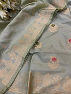 Grey Pure Katan Silk Banarasi Handloom Three Piece Unstitched Suit Set