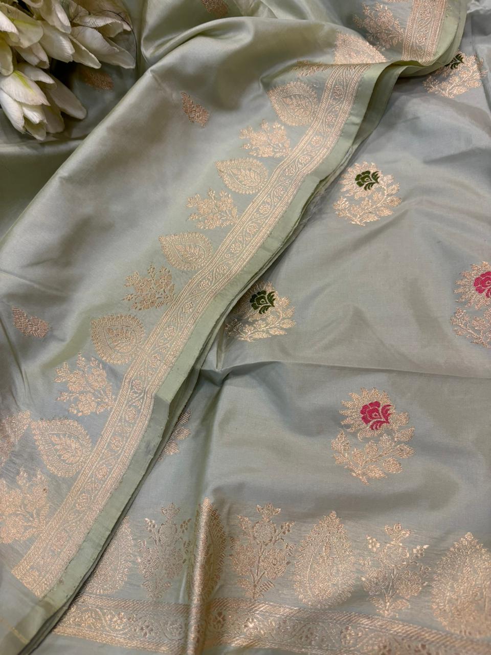 Grey Pure Katan Silk Banarasi Handloom Three Piece Unstitched Suit Set