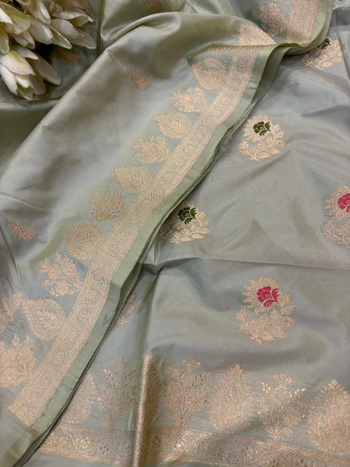 Grey Pure Katan Silk Banarasi Handloom Three Piece Unstitched Suit Set