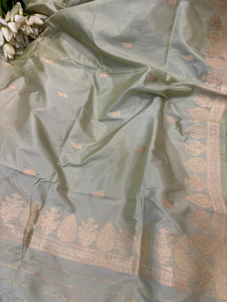 Grey Pure Katan Silk Banarasi Handloom Three Piece Unstitched Suit Set