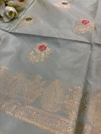 Grey Pure Katan Silk Banarasi Handloom Three Piece Unstitched Suit Set