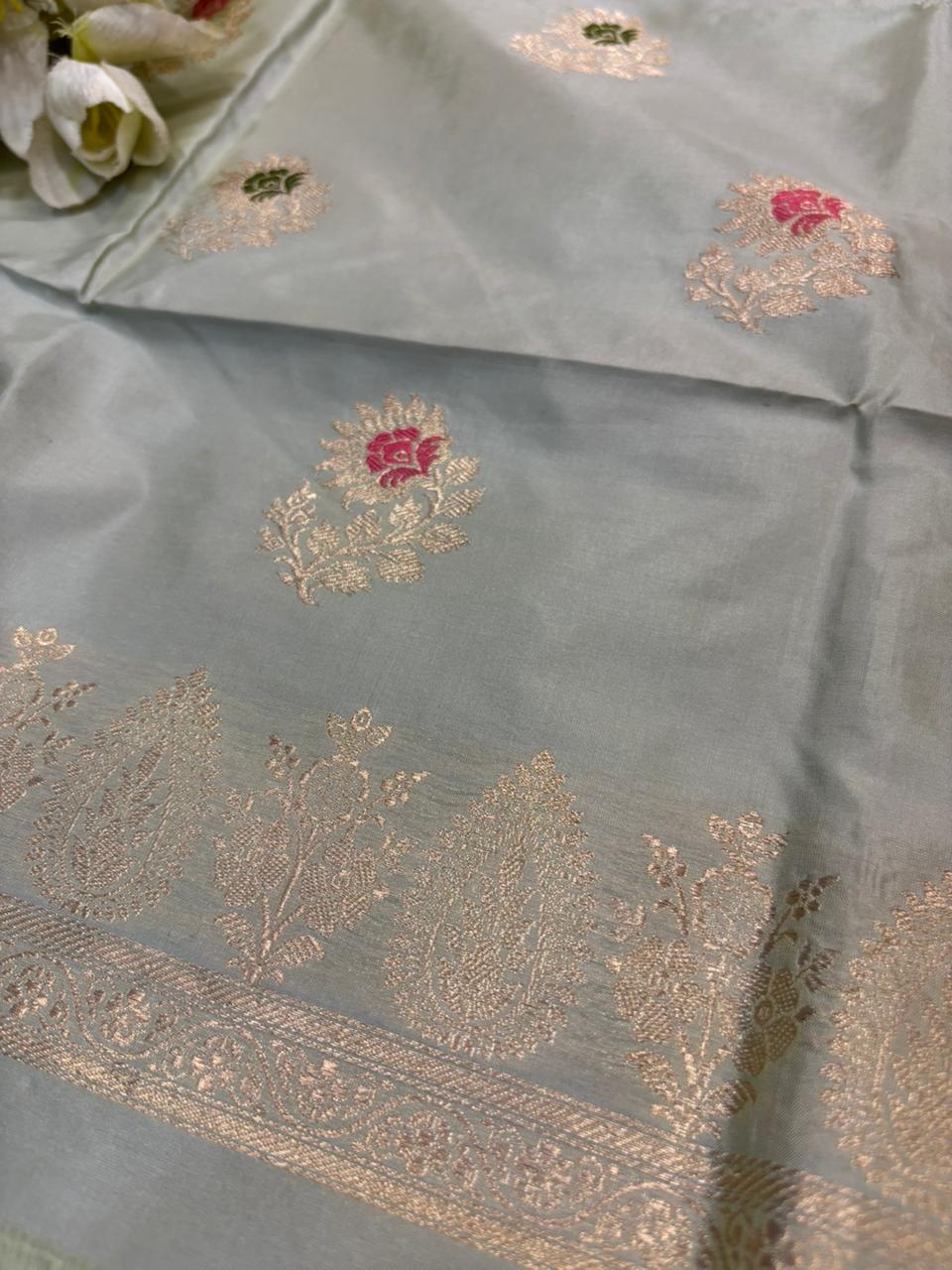 Grey Pure Katan Silk Banarasi Handloom Three Piece Unstitched Suit Set