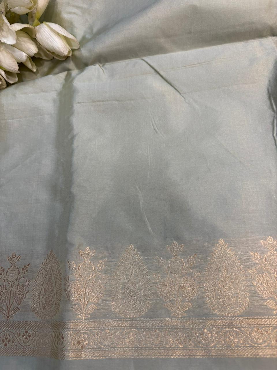 Grey Pure Katan Silk Banarasi Handloom Three Piece Unstitched Suit Set
