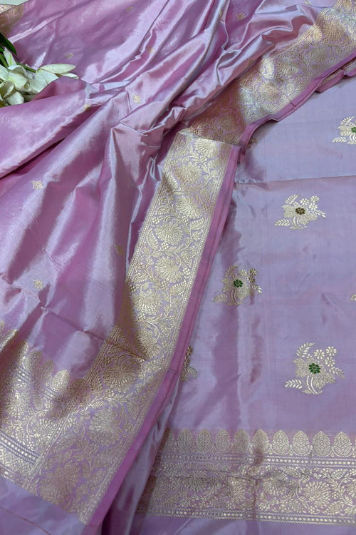 Pink Pure Katan Silk Banarasi Handloom Three Piece Unstitched Suit Set - Luxurion World