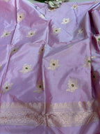 Pink Pure Katan Silk Banarasi Handloom Three Piece Unstitched Suit Set