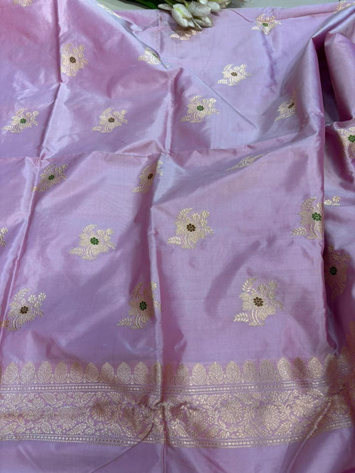 Pink Pure Katan Silk Banarasi Handloom Three Piece Unstitched Suit Set