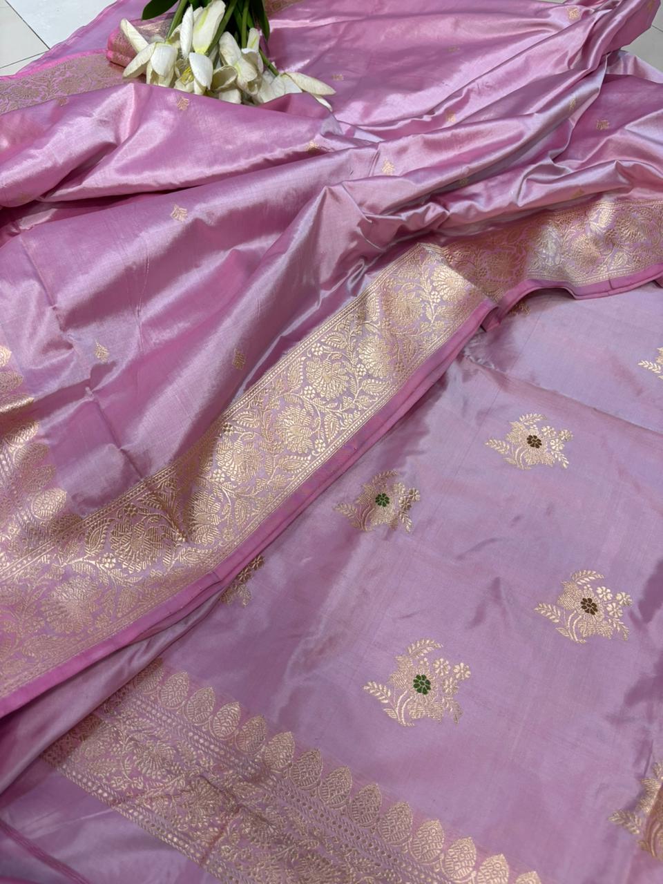 Pink Pure Katan Silk Banarasi Handloom Three Piece Unstitched Suit Set