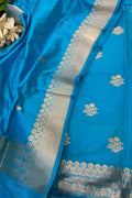 Blue Pure Katan Silk Banarasi Handloom Three Piece Unstitched Suit Set - Luxurion World