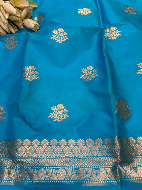 Blue Pure Katan Silk Banarasi Handloom Three Piece Unstitched Suit Set