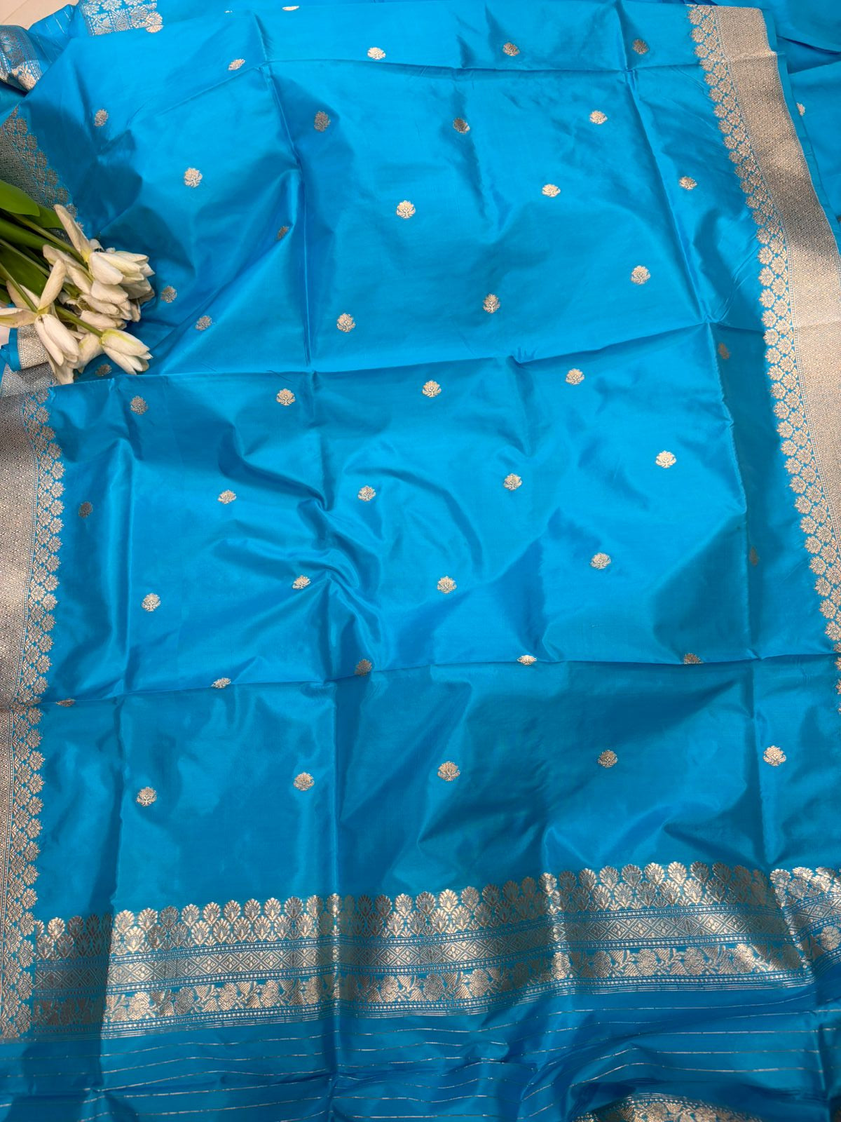 Blue Pure Katan Silk Banarasi Handloom Three Piece Unstitched Suit Set